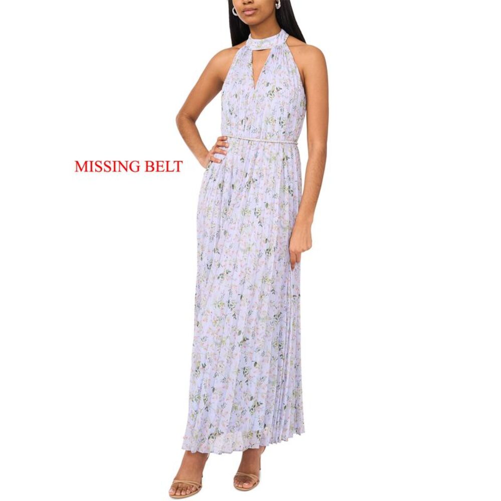 CeCe Womens Pleated Floral-Print Keyhole-Cutout Dress Small Periwinkle - NWT